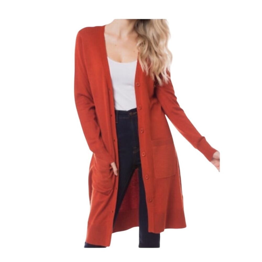 Cielo Classic Duster Cardigan Button Front Pockets Small Rust Orange Longline